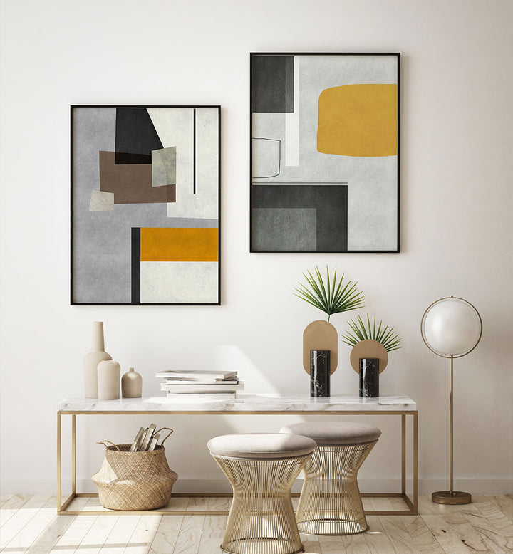 Modern interior design with abstract art, a console table, and decorative items.