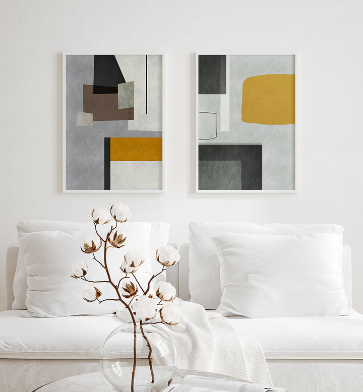 Modern bedroom with abstract art on the wall and decorative elements.