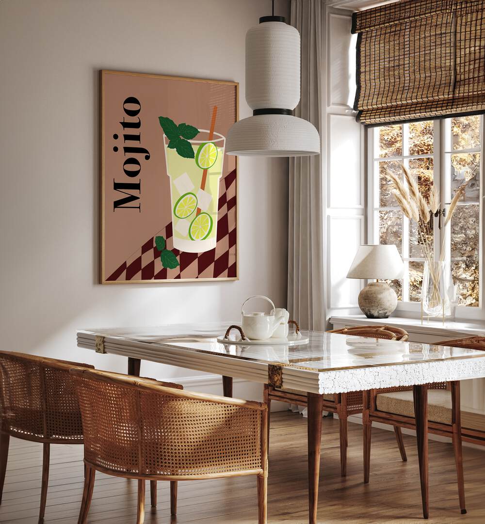 Mojito By Miho Art Studio Bar Posters Bar Art Prints in Oak Wood Plain Frame placed on a White Colored Wall near a Dining Table in the Dining Room 