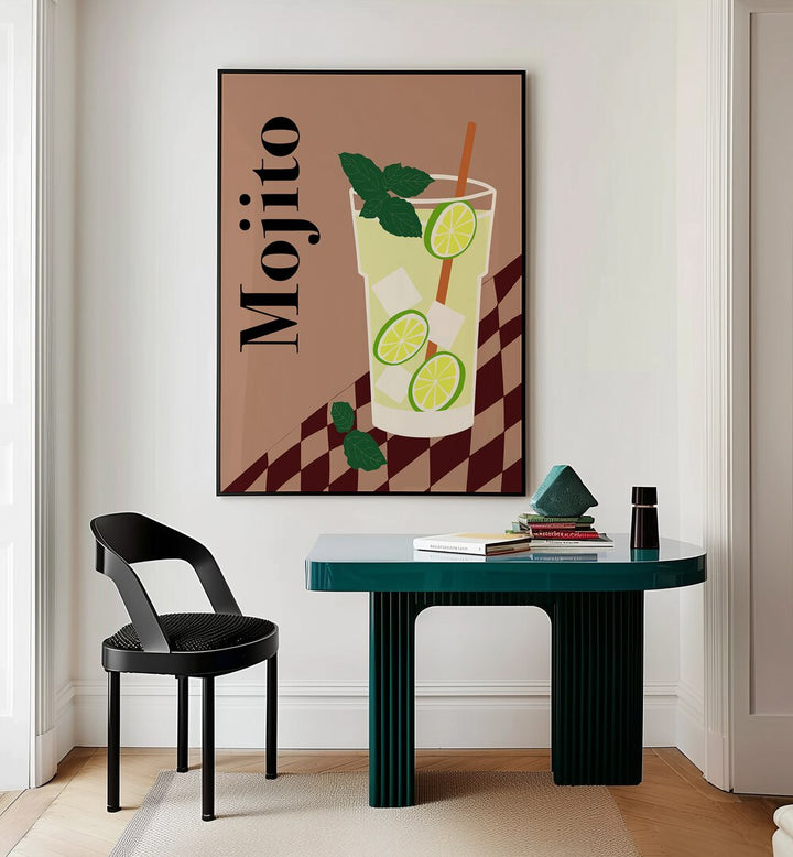 Mojito By Miho Art Studio Bar Posters Bar Art Prints in Black Plain Frame placed on a Cream Colored Wall near a Table in a Workspace in the Drawing Room