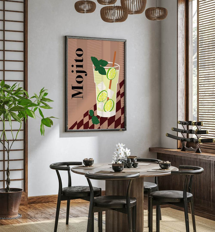 Mojito By Miho Art Studio Bar Posters Bar Art Prints in Dark Wood Plain Frame placed on a White Colored Wall near a Coffee Table in the Dining Room