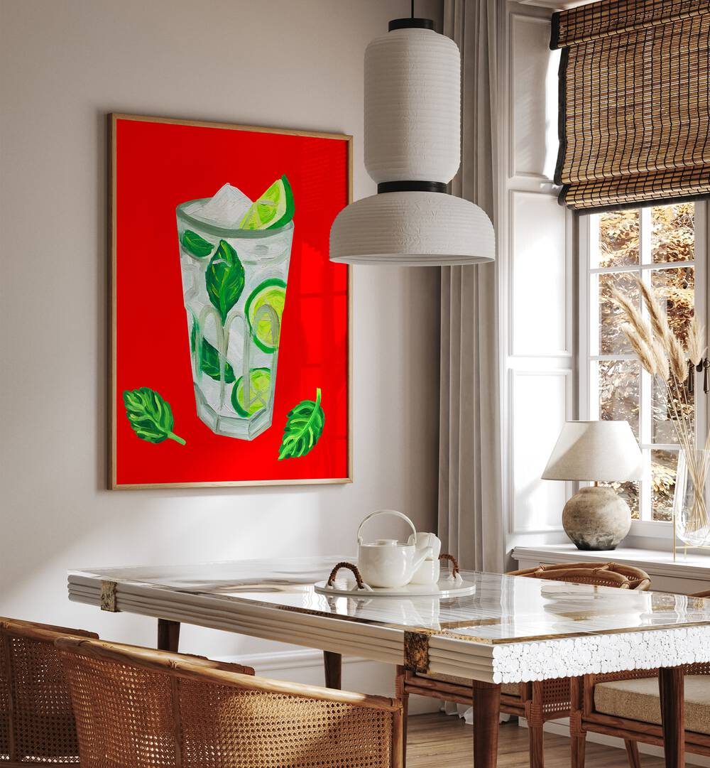 Mojito Extra Mint by Alice Straker Bar Posters Bar Art Prints in Oak Wood Plain Frame placed on a wall in a dining room area beside a window and behind a dining table