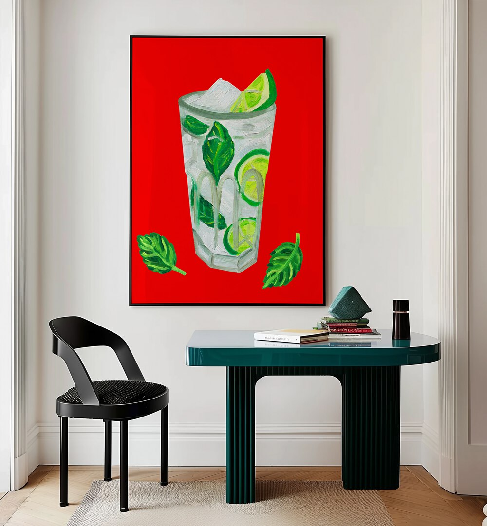 Mojito Extra Mint by Alice Straker Bar Posters Bar Art Prints in Black Plain Frame placed on a wall behind a study table