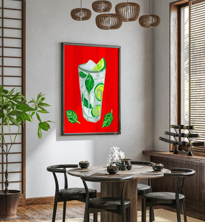 Mojito Extra Mint by Alice Straker Bar Posters Bar Art Prints in Black Plain Frame placed on a wall in a dining room area beside a window and behind a dining table