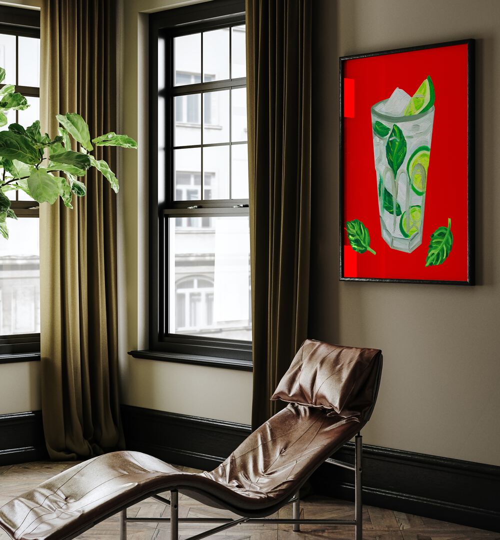 Mojito Extra Mint by Alice Straker Bar Posters Bar Art Prints in Black Plain Frame placed on a living room wall behind a chair and beside a window