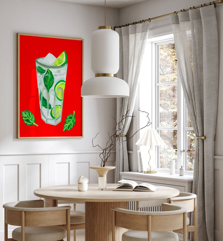 Mojito Extra Mint by Alice Straker Bar Posters Bar Art Prints in Oak Wood Plain Frame placed on a wall in a dining room area beside a window and behind a dining table