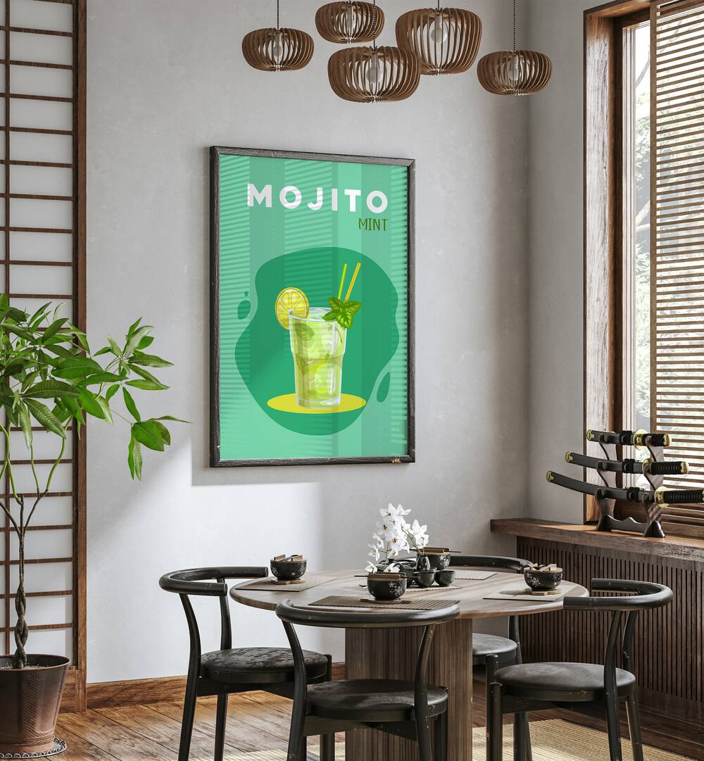 Mojito Mint Cafe Art Prints Cafe Posters in Black Plain Frame placed on a wall in a dining room area beside a window and behind a dining table