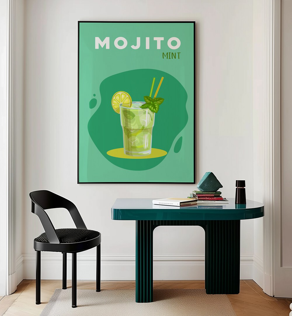 Mojito Mint Cafe Art Prints Cafe Posters in Black Plain Frame placed on a wall behind a study table