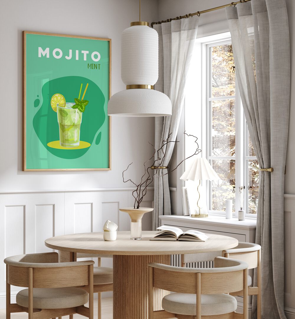 Mojito Mint Cafe Art Prints Cafe Posters in Oak Wood Plain Frame placed on a wall in a dining room area beside a window and behind a dining table