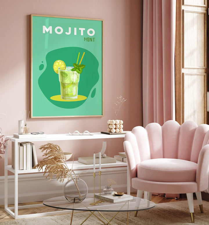 Mojito Mint Cafe Art Prints Cafe Posters in Oak Wood Plain Frame placed on a wall behind a table