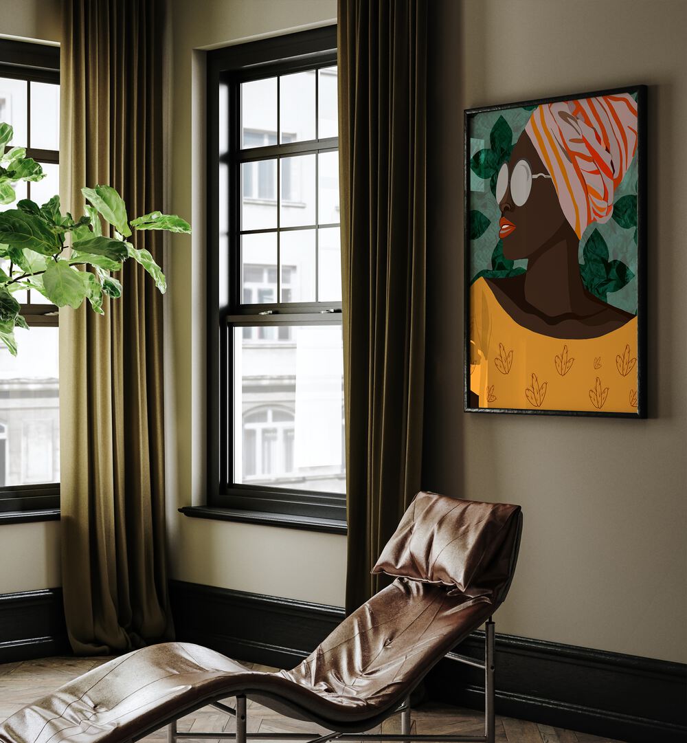 Molamba I by Emel Tunaboylu Women Illustrations paintings in Black Plain Frame placed on a wall beside a window