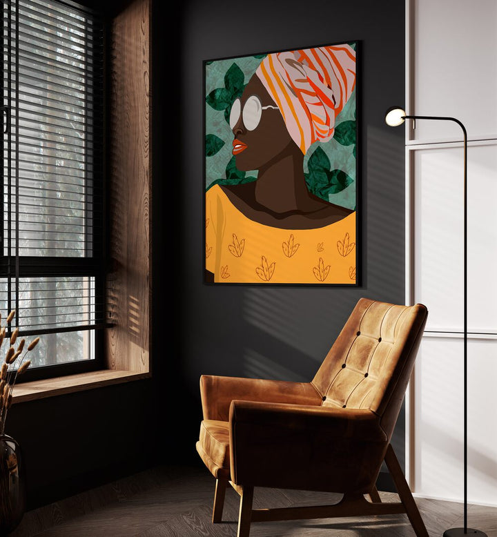 Molamba I by Emel Tunaboylu Women Illustrations paintings in Black Plain Frame placed on a wall beside an orange sofa