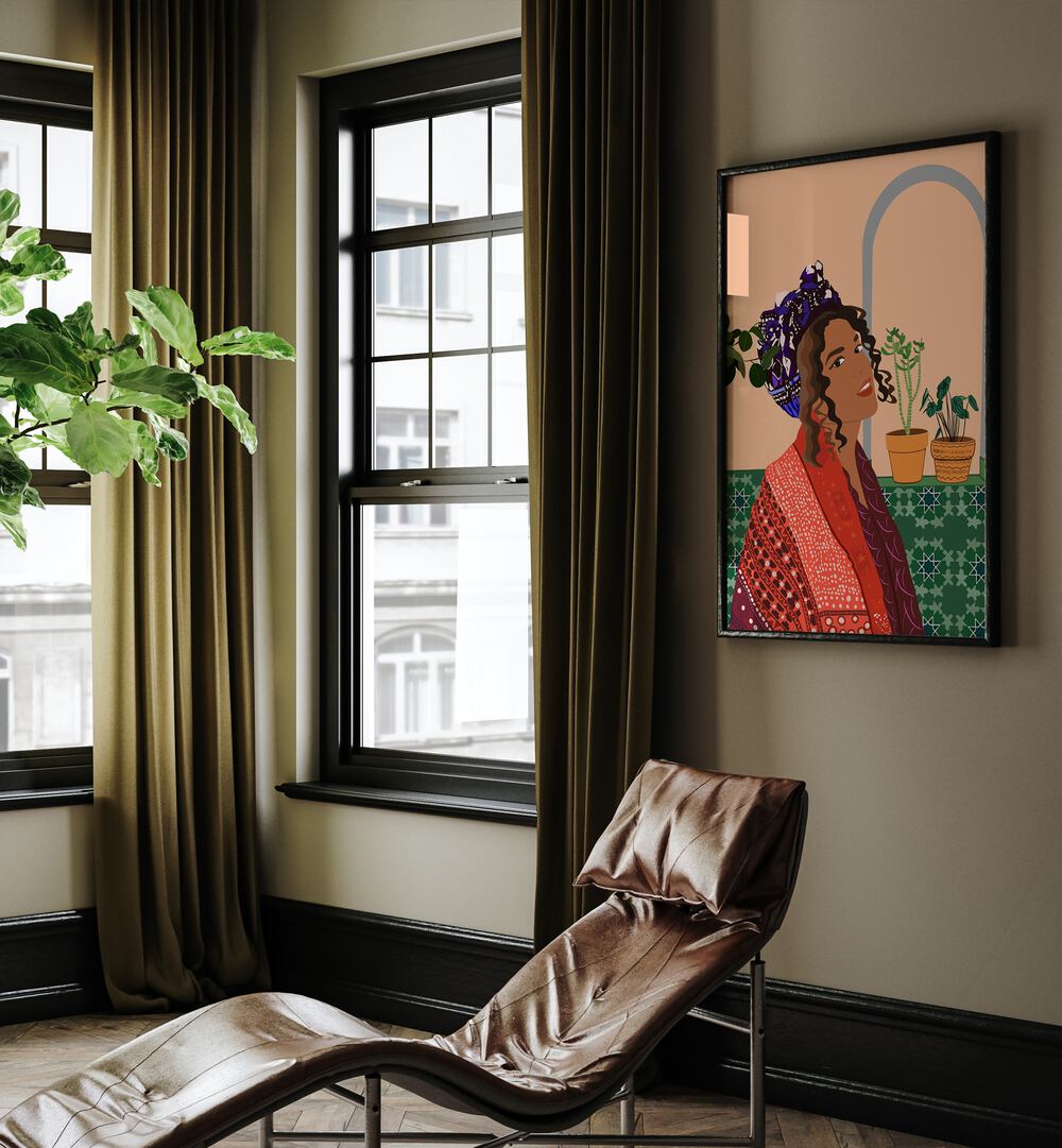 Molamba II by Emel Tunaboylu Women Illustrations paintings in Black Plain Frame placed on a wall beside a window