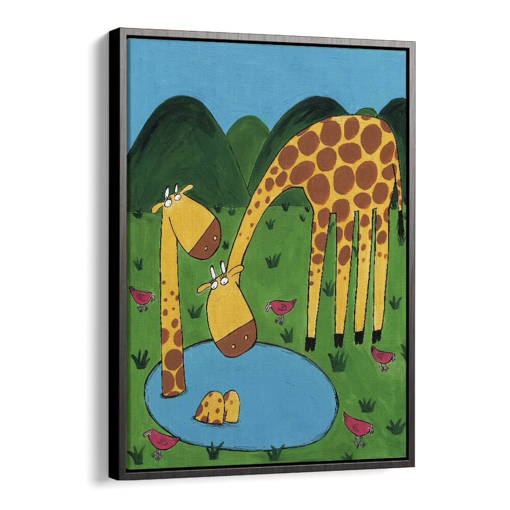 Mommy With Baby Giraffe In A Watering Hole By Carla Daly Kids Painting in Black Floater Frame