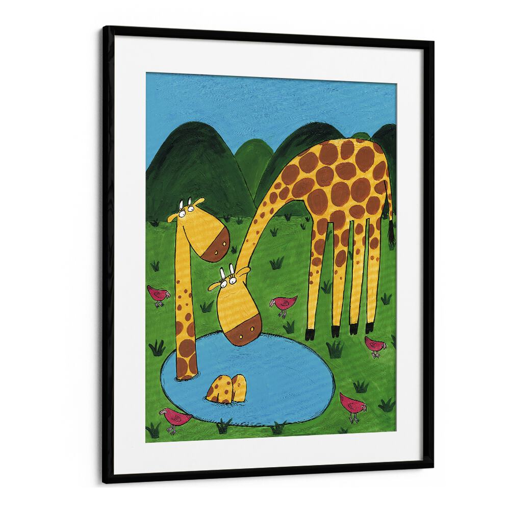 Mommy With Baby Giraffe In A Watering Hole By Carla Daly Kids Painting in Black Frame With Mount