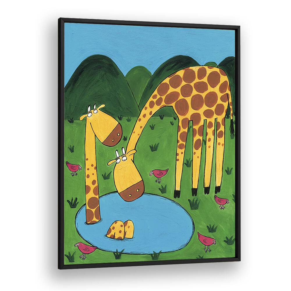 Mommy With Baby Giraffe In A Watering Hole By Carla Daly Kids Painting in Black Plain Frame