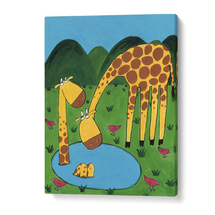 Mommy With Baby Giraffe In A Watering Hole By Carla Daly Kids Painting in Gallery Wrap