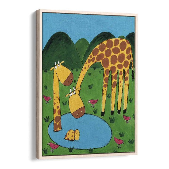 Mommy With Baby Giraffe In A Watering Hole By Carla Daly Kids Painting in Oak Wood Floater Frame