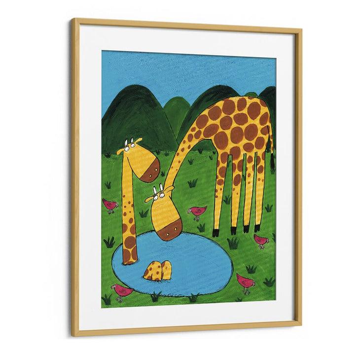 Mommy With Baby Giraffe In A Watering Hole By Carla Daly Kids Painting in Oak Wood Frame With Mount