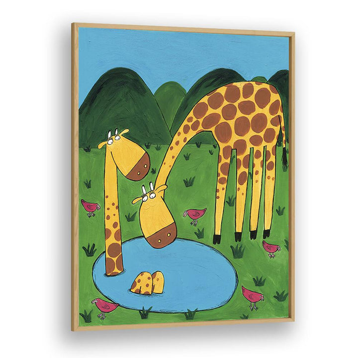 Mommy With Baby Giraffe In A Watering Hole By Carla Daly Kids Painting in Oak Wood Plain Frame