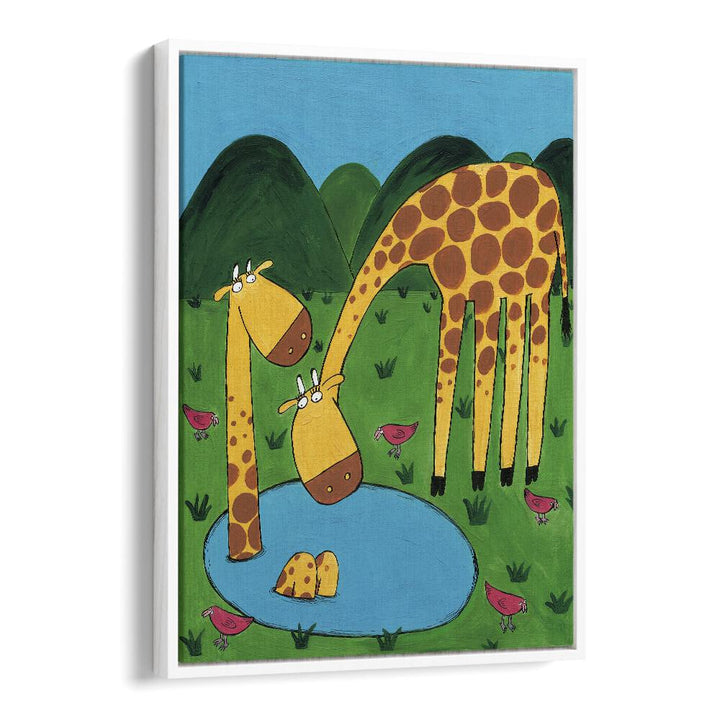 Mommy With Baby Giraffe In A Watering Hole By Carla Daly Kids Painting in White Floater Frame