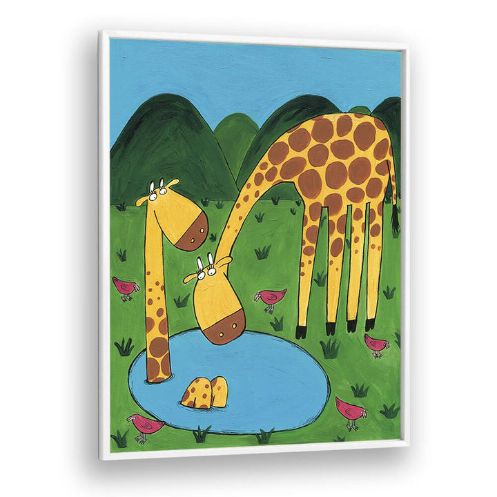 Mommy With Baby Giraffe In A Watering Hole By Carla Daly Kids Painting in White Plain Frame