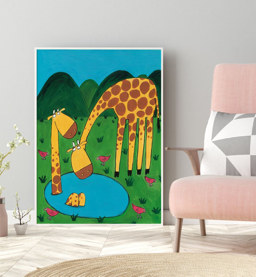 Mommy With Baby Giraffe In A Watering Hole By Carla Daly Kids Painting  placed on a wall