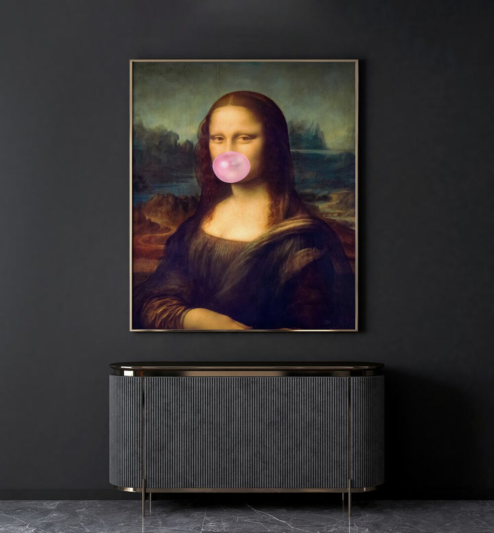 Mona Lisa Bubble Gum Surreal Paintings Surreal Art Prints in Gold Plain Frame placed on a Dark Grey Colored Wall above a Console Table in the Living Room