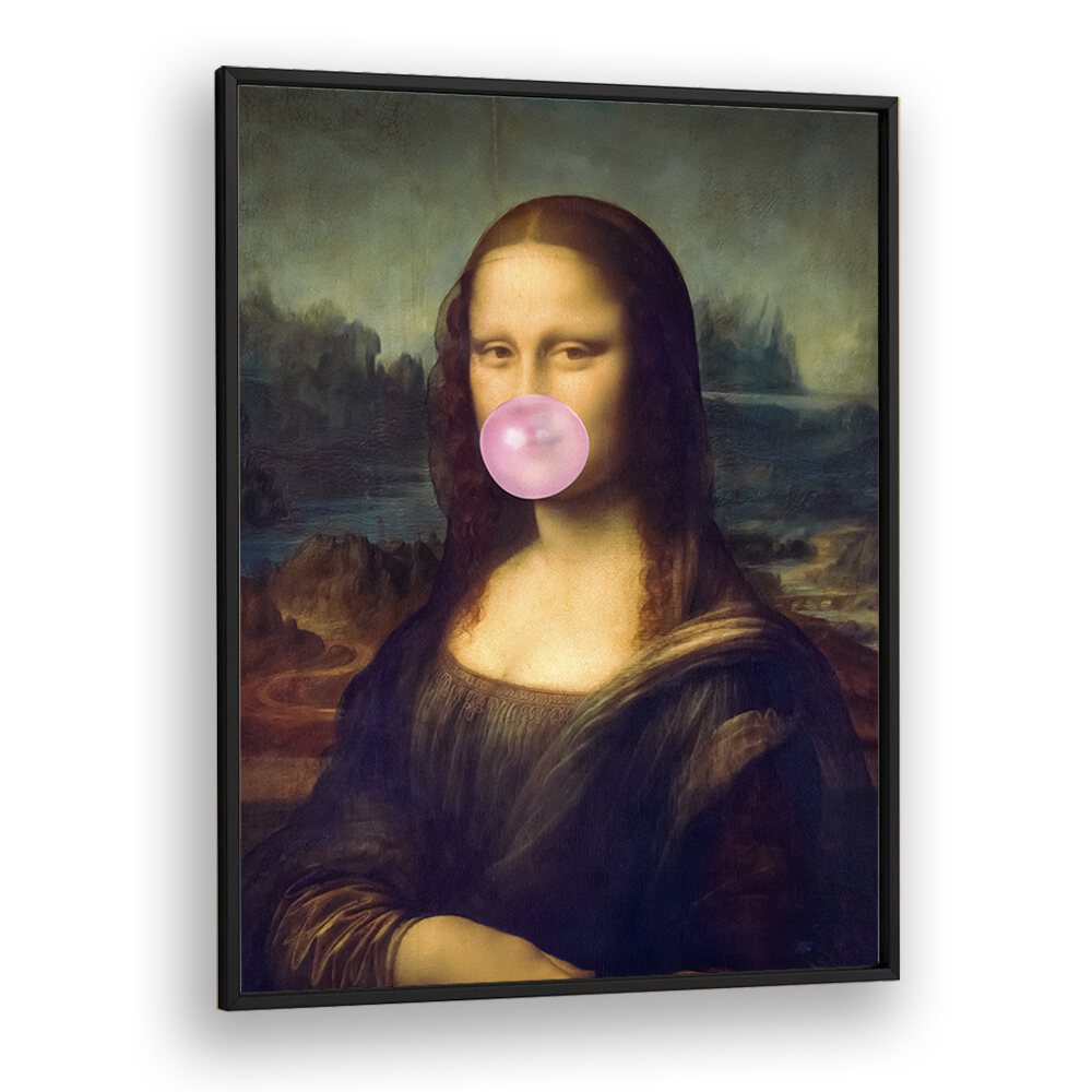 Mona Lisa Bubble Gum Surreal Paintings Surreal Art Prints in Black Plain Frame