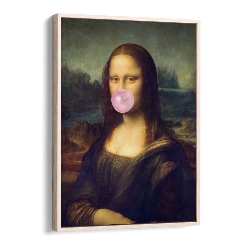 Mona Lisa Bubble Gum Surreal Paintings Surreal Art Prints in Oak Wood Floater Frame