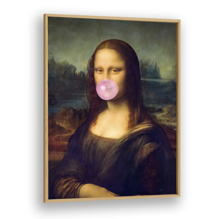 Mona Lisa Bubble Gum Surreal Paintings Surreal Art Prints in Oak Wood Plain Frame