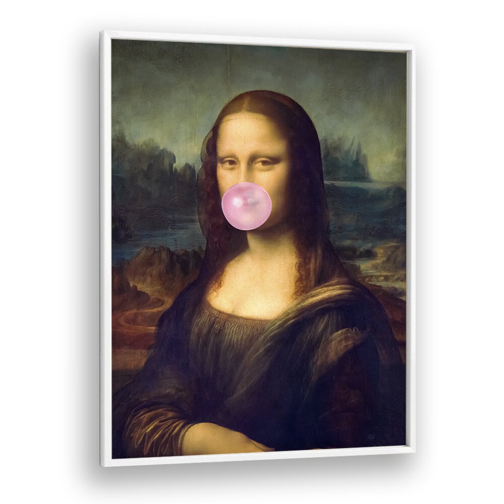 Mona Lisa Bubble Gum Surreal Paintings Surreal Art Prints in White Plain Frame