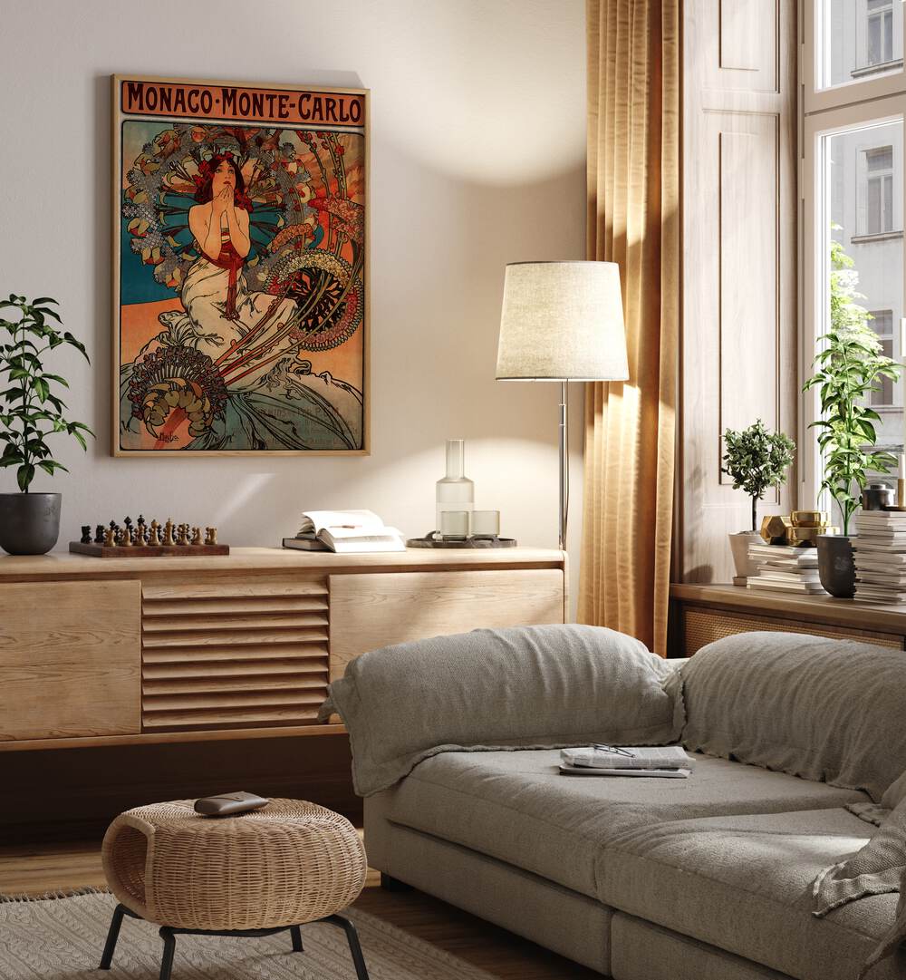 Monaco Monte Carlo  Vintage Travel Posters in Oak Wood Plain Frame placed on a wall behind a console table