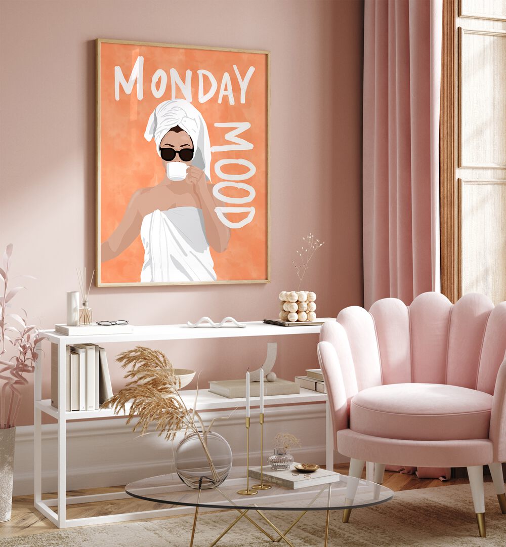 Monday Mood Portraits And Figurative Illustrations in Oak Wood Plain Frame placed on a Pink Colored Wall above a Shelf in the Drawing Room