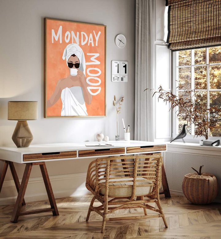 Monday Mood Portraits And Figurative Illustrations in Oak Wood Plain Frame placed on a Cream Colored Wall near a Workspace in the Drawing Room