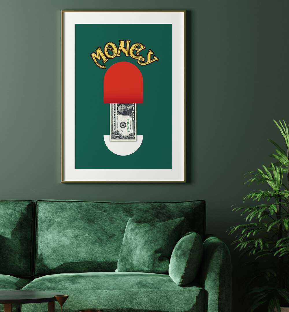 Money Pill By Grishma Korjani Money Art Prints in Gold Frame With Mount placed on a Green Colored Wall near a Green Sofa in the Living Room