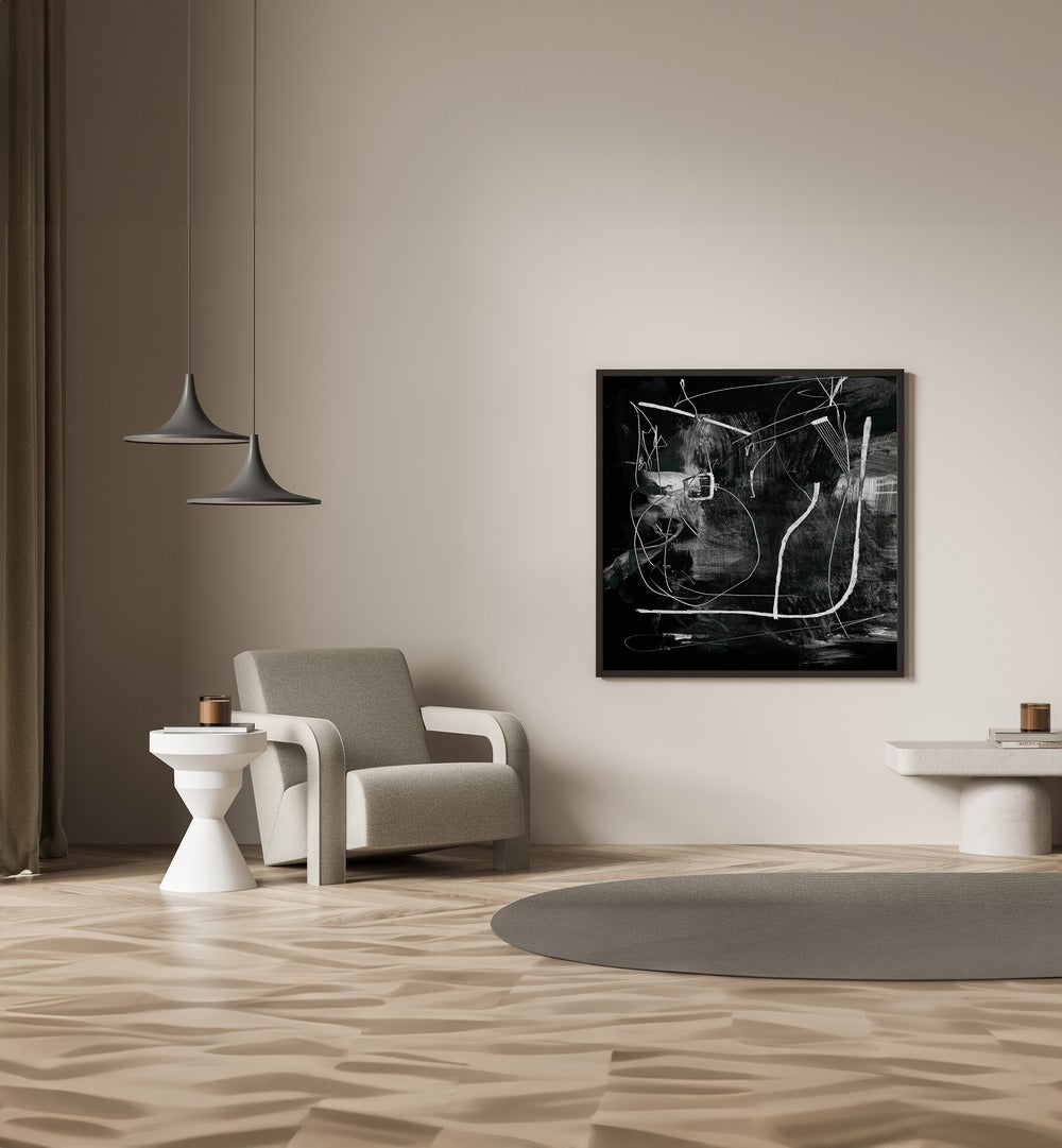 Mono By Dan Hobday Abstract Art Abstract Paintings in Black Plain Frame placed on a Cream Colored Wall in the Drawing Room