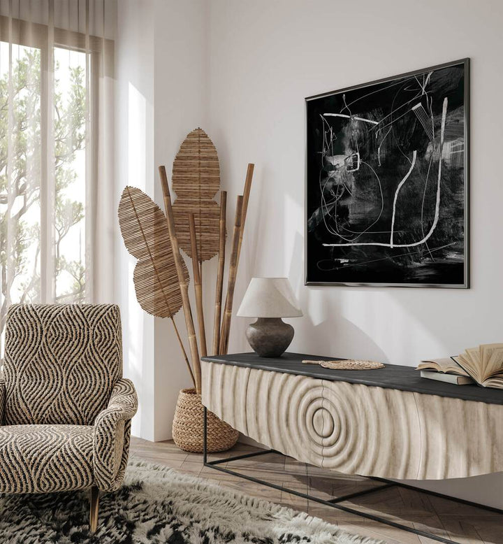 Mono By Dan Hobday Abstract Art Abstract Paintings in Black Plain Frame placed on a White Colored Wall above a Console Table in the Living Room