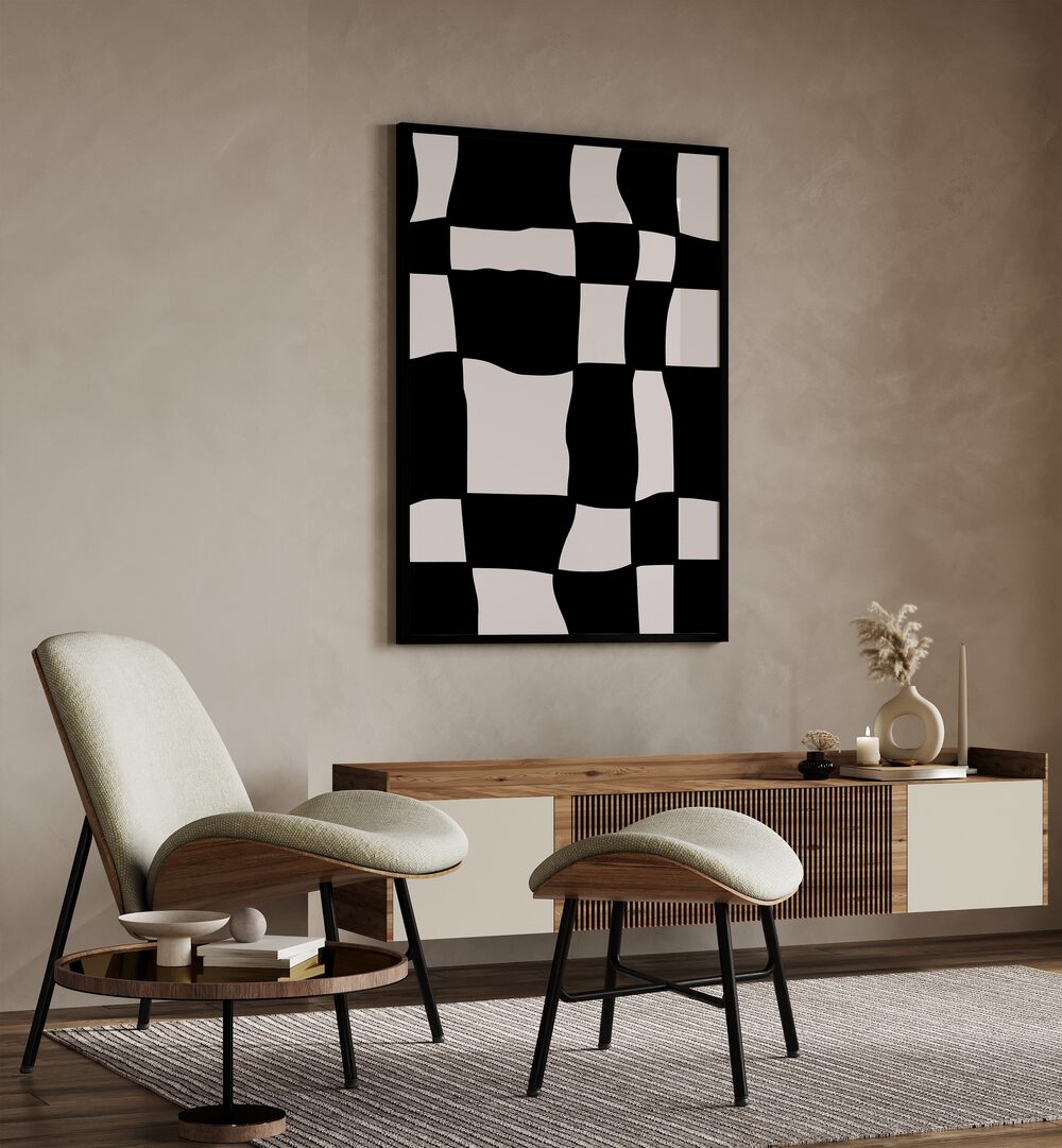 Monochrome Harmony Abstract Paintings Abstract Art Prints in Black Plain Frame placed on a Beige Colored Wall above a Console Table in the Drawing Room