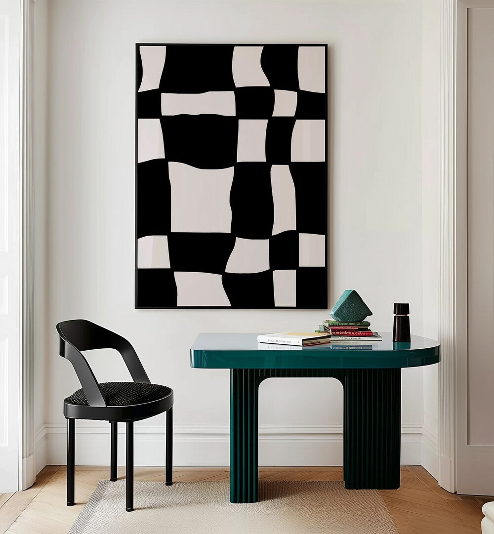 Monochrome Harmony Abstract Paintings Abstract Art Prints in Black Plain Frame placed on a Cream Colored Wall near a Table in a Workspace in the Drawing Room