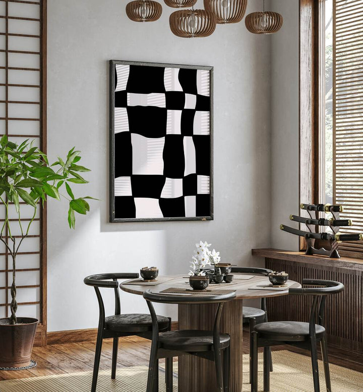 Monochrome Harmony Abstract Paintings Abstract Art Prints in Dark Wood Plain Frame placed on a White Colored Wall near a Coffee Table in the Dining Room