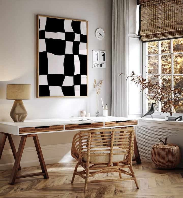 Monochrome Harmony Abstract Paintings Abstract Art Prints in Oak Wood Plain Frame placed on a White Colored Wall near a Study Table in a Workspace in the Drawing Room