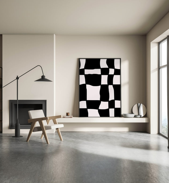 Monochrome Harmony Abstract Paintings Abstract Art Prints in Black Plain Frame placed on a Shelf near a Cream Colored Wall in the Drawing Room