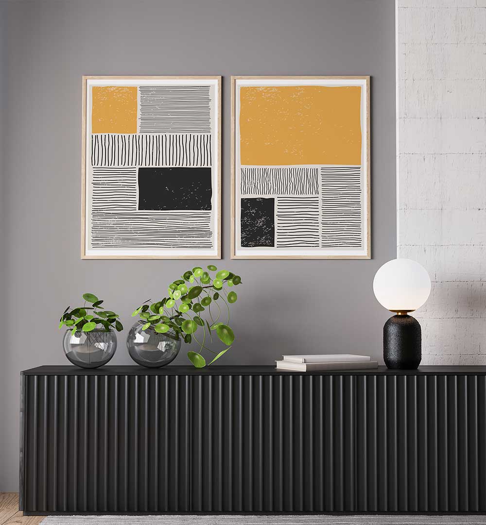 MONOCHROME MUSTARD SET , SET OF 2 PAINTINGS