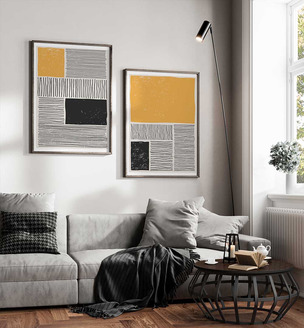 MONOCHROME MUSTARD SET , SET OF 2 PAINTINGS