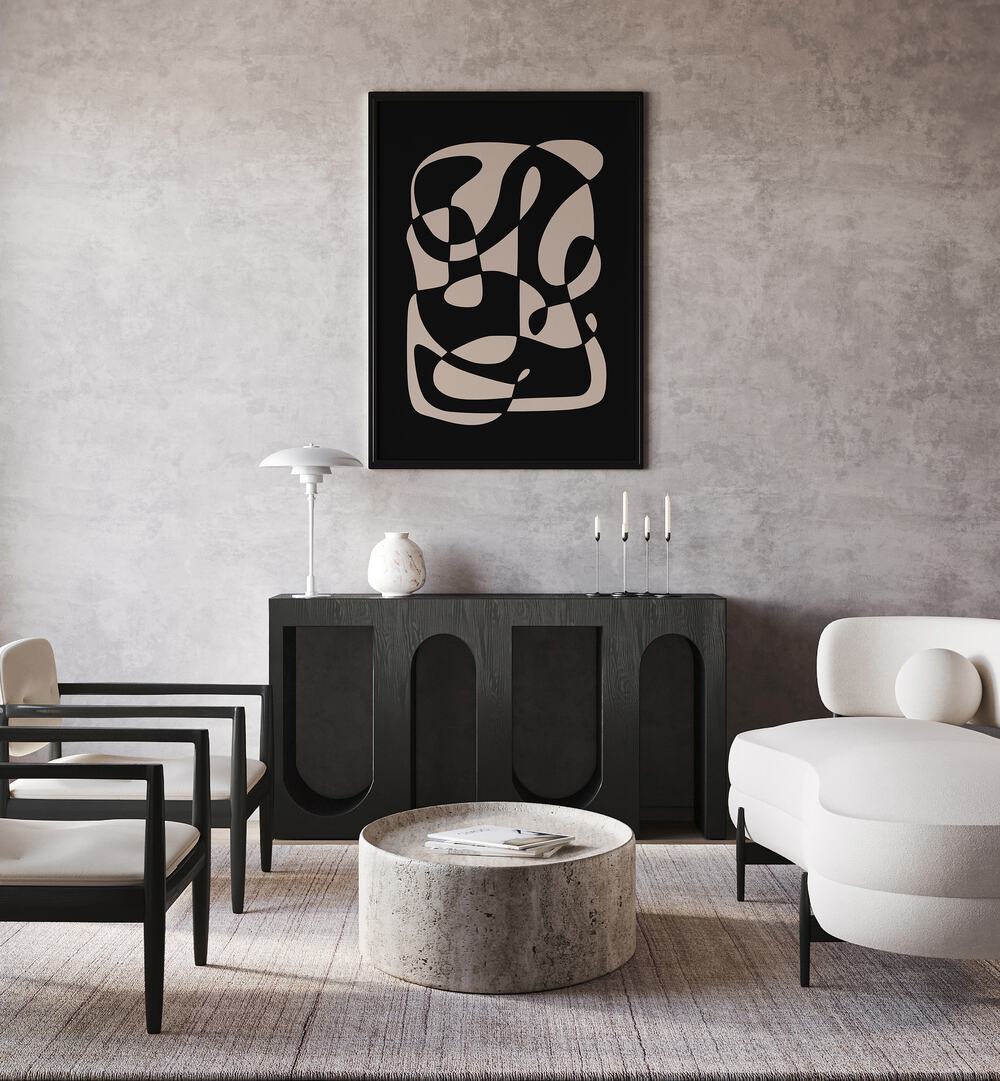 Monochrome Nordic Dreamscape By Preayna Abstract Art Paintings in Black Plain Frame on a wall above a console table