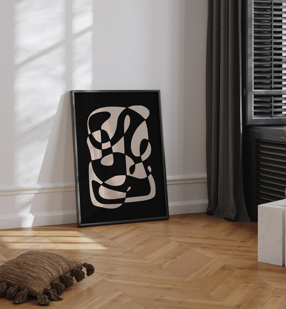 Monochrome Nordic Dreamscape By Preayna Abstract Art Paintings in Black Plain Frame on a wooden floor beside a window