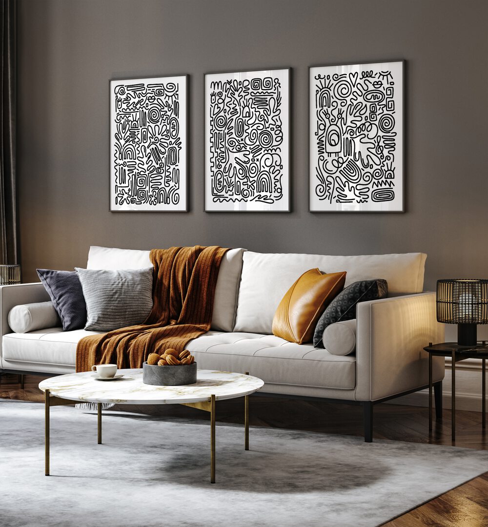 Stylish MONOCHROME MAZE SET, SET OF 3 PAINTINGS from AsianMonk enhances modern decor with intricate black and white designs.