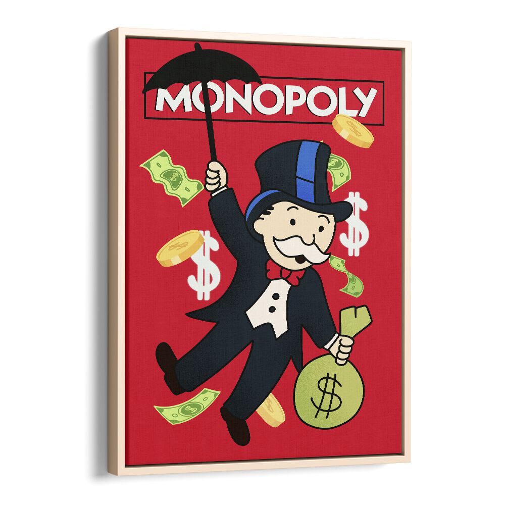 Monopoly Illustration Comic Wall Art Comic Posters in Oak Wood Floater Frame