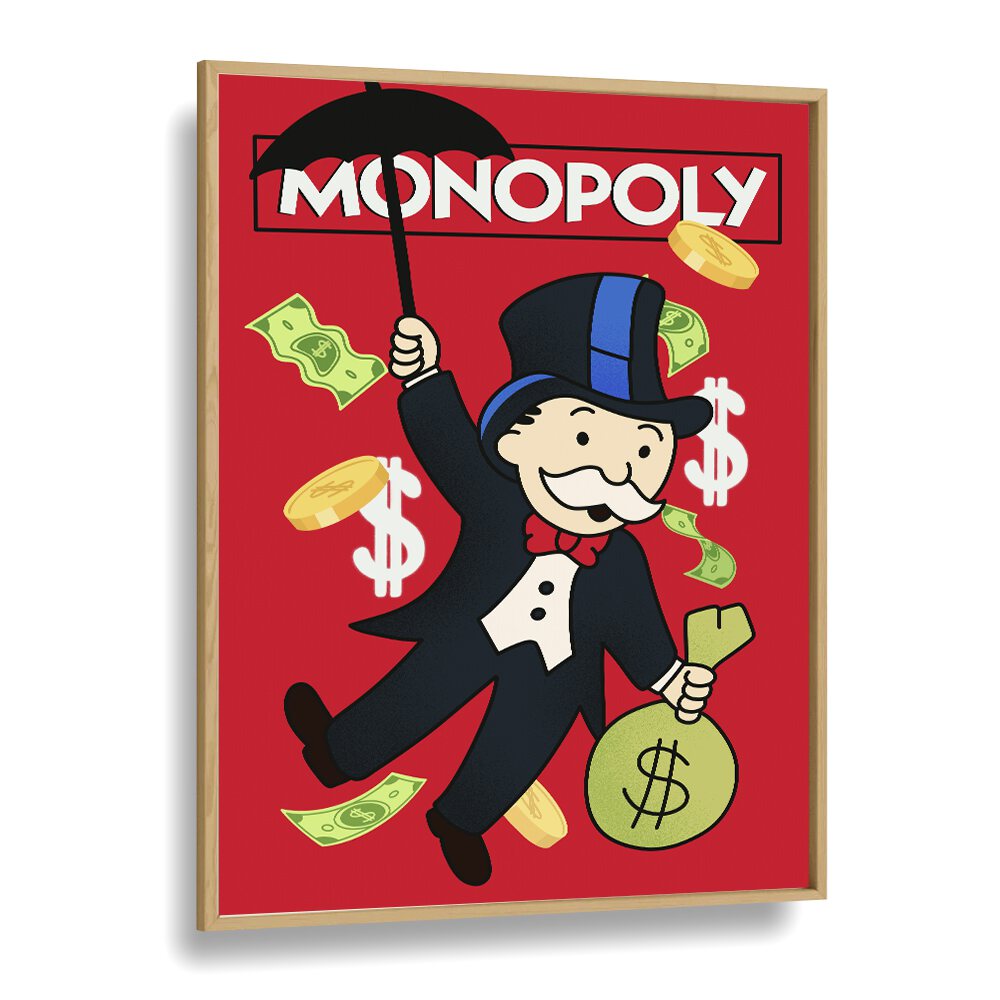 Monopoly Illustration Comic Wall Art Comic Posters in Oak Wood Plain Frame